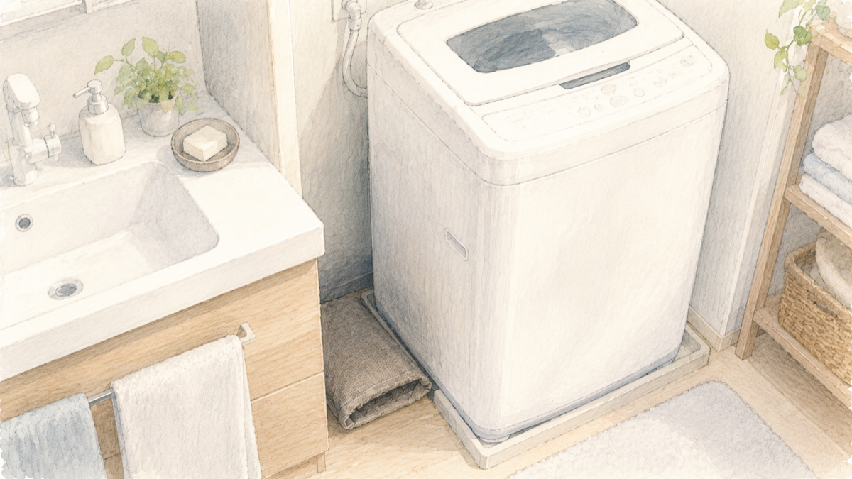 洗濯機の裏の隙間に置いた調湿木炭のイラスト