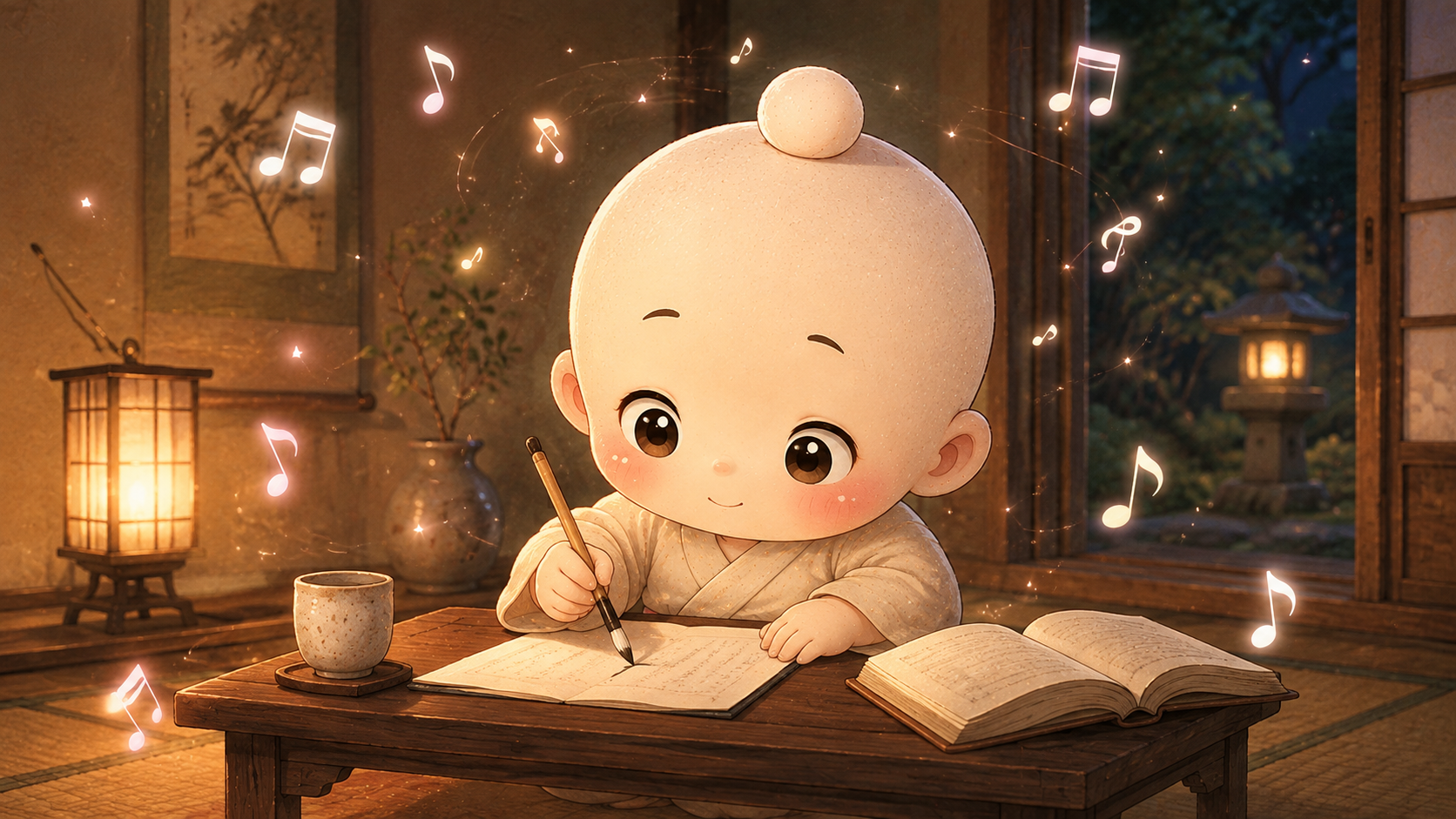 文机に向かって静かに勉強する禅ちゃん