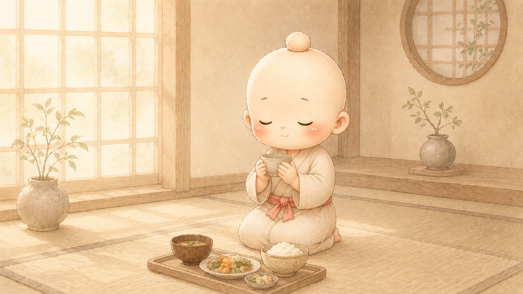 お膳を前に静かに食事を味わう禅ちゃん