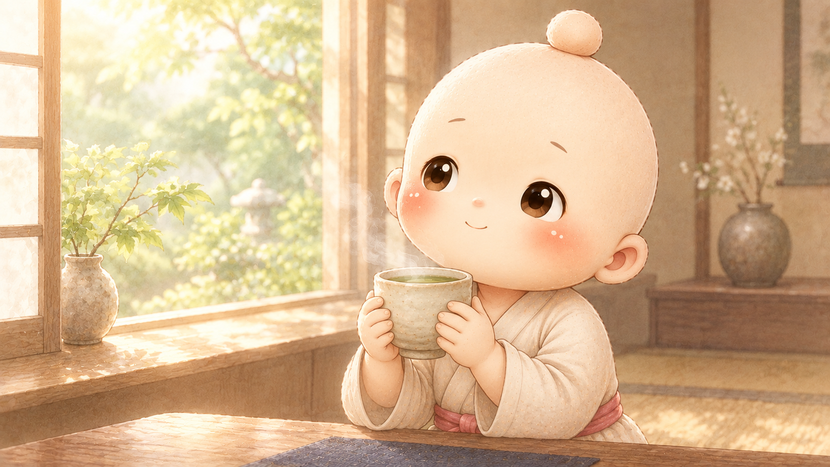 窓辺でお茶を飲んで一息つく禅ちゃん