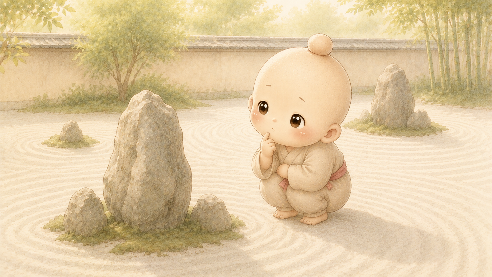 枯山水の石を見て何に見えるか考える禅ちゃん