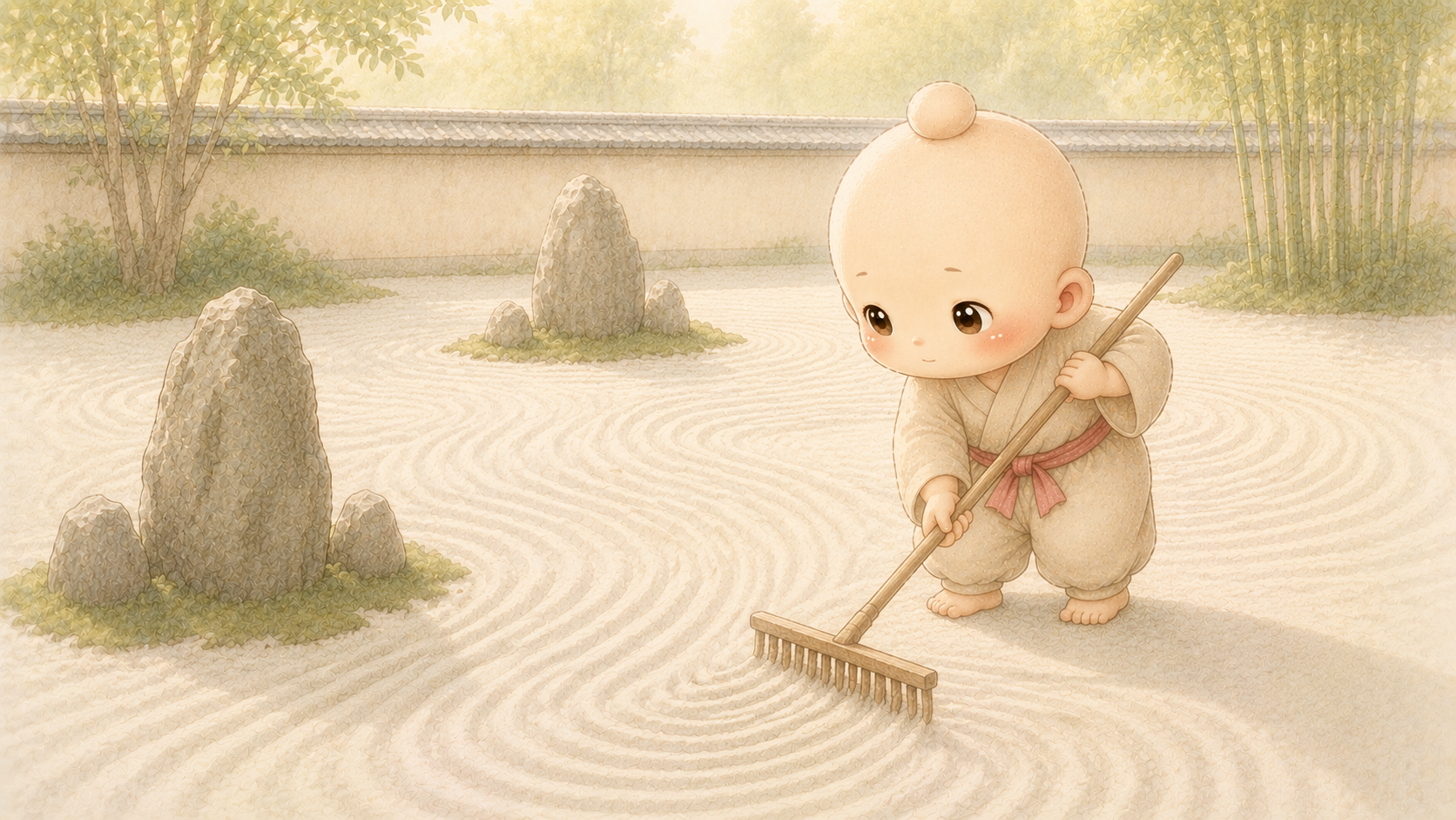 熊手で白砂に砂紋を描く禅ちゃん