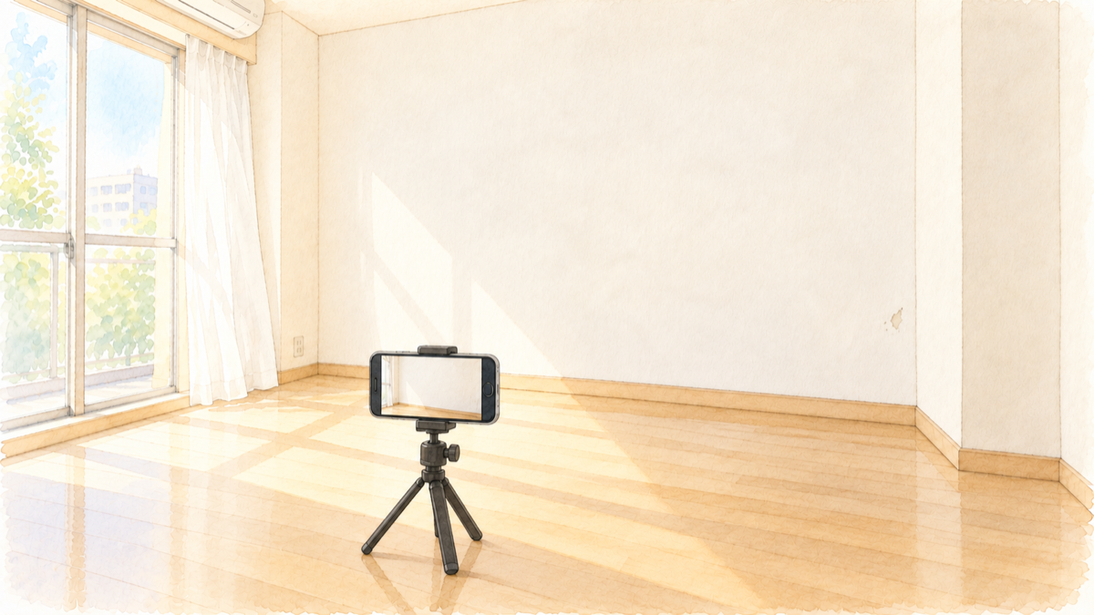 空っぽの部屋で三脚に立てたスマホが壁を撮っている