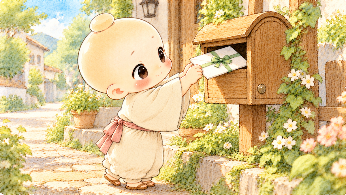郵便受けに招待状を入れる禅ちゃん