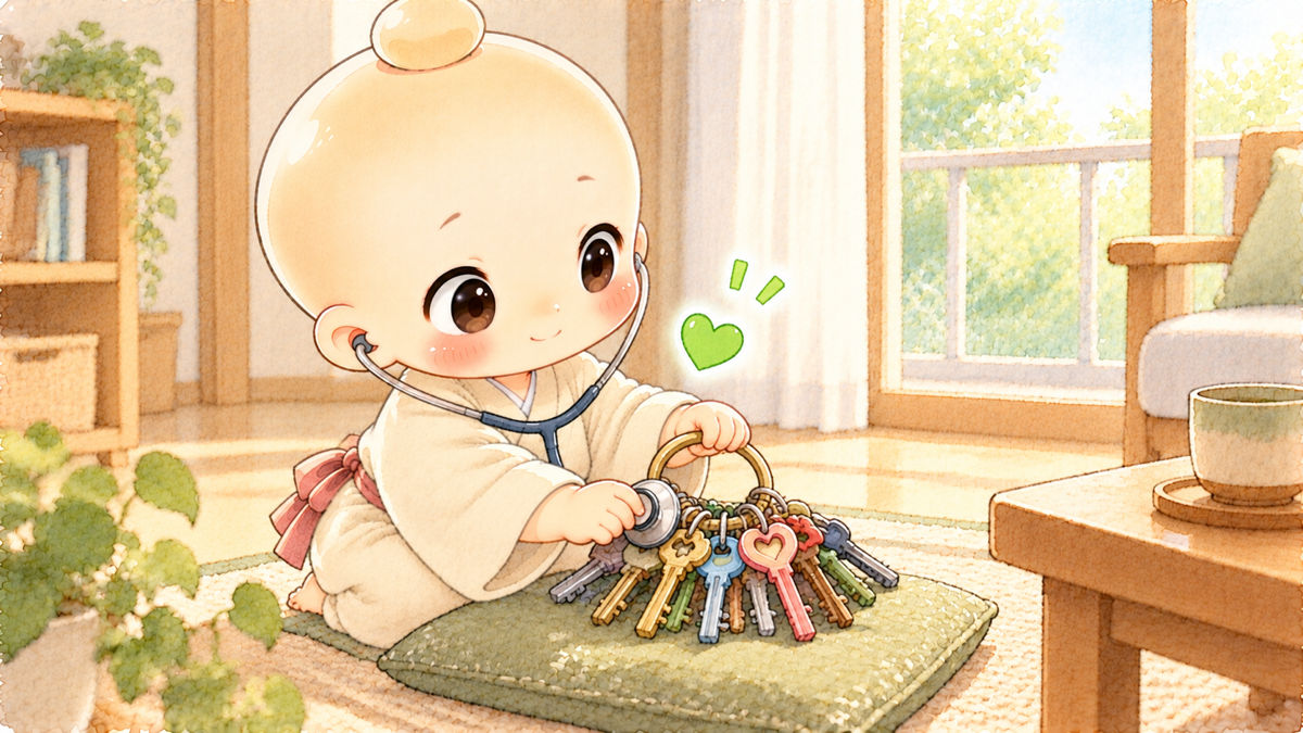 聴診器で鍵の束を健康診断する禅ちゃん