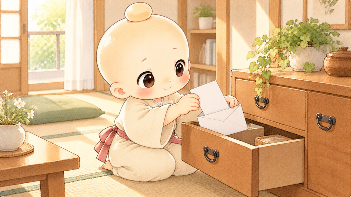 白い紙を封筒に入れて引き出しにしまう禅ちゃん