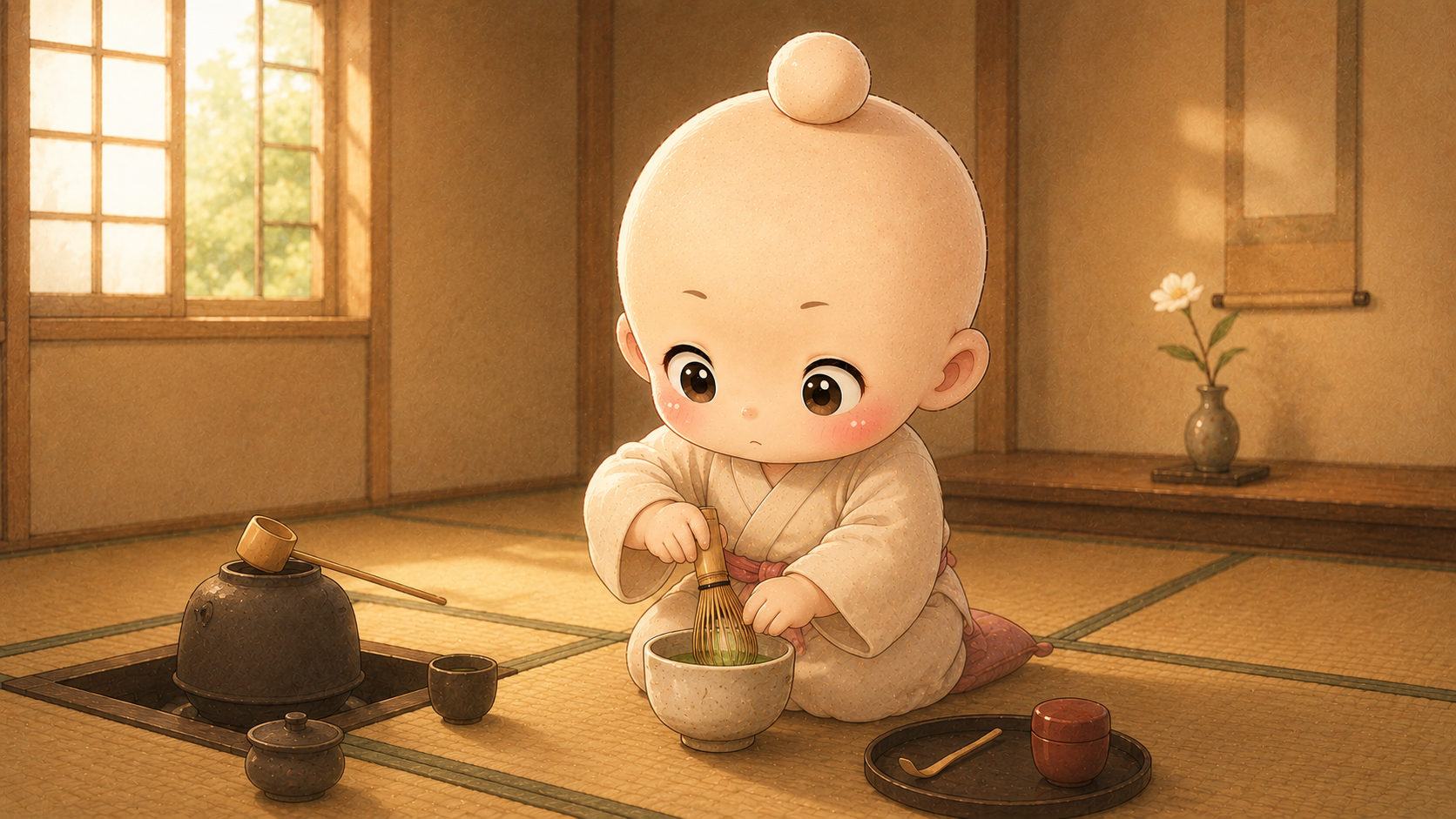 茶室で茶筅を両手に持ち、真剣な表情で抹茶を点てる禅ちゃん