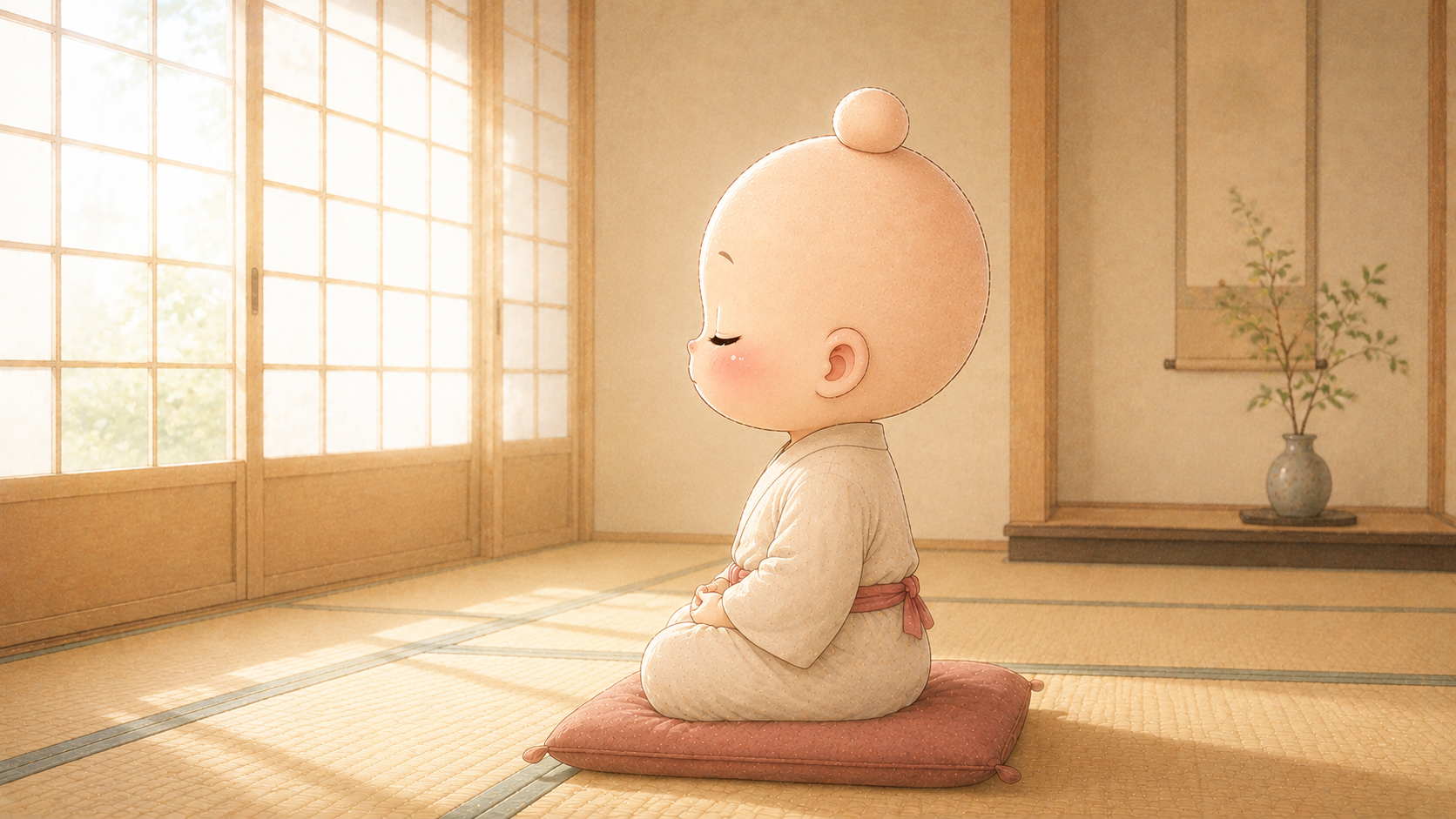 座禅の姿勢を真横から見たところ。背筋がまっすぐに伸びている禅ちゃん