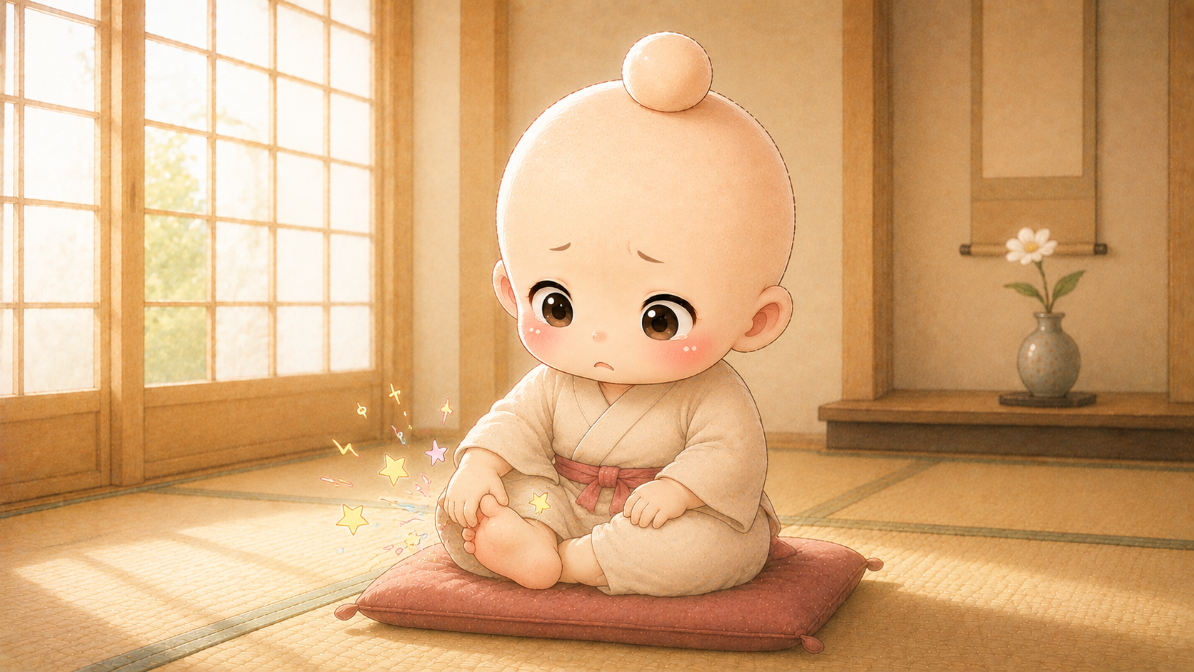 座禅中に足がしびれて涙目になりながら足をさすっている禅ちゃん