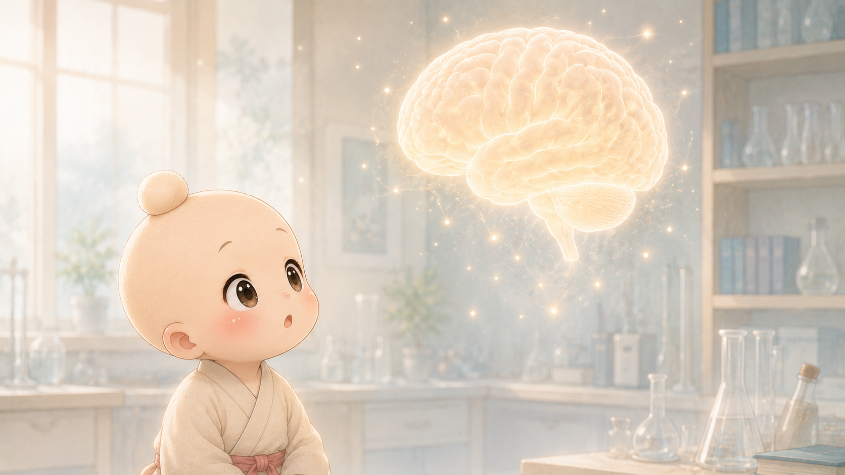 光る脳の模型を見上げる禅ちゃん