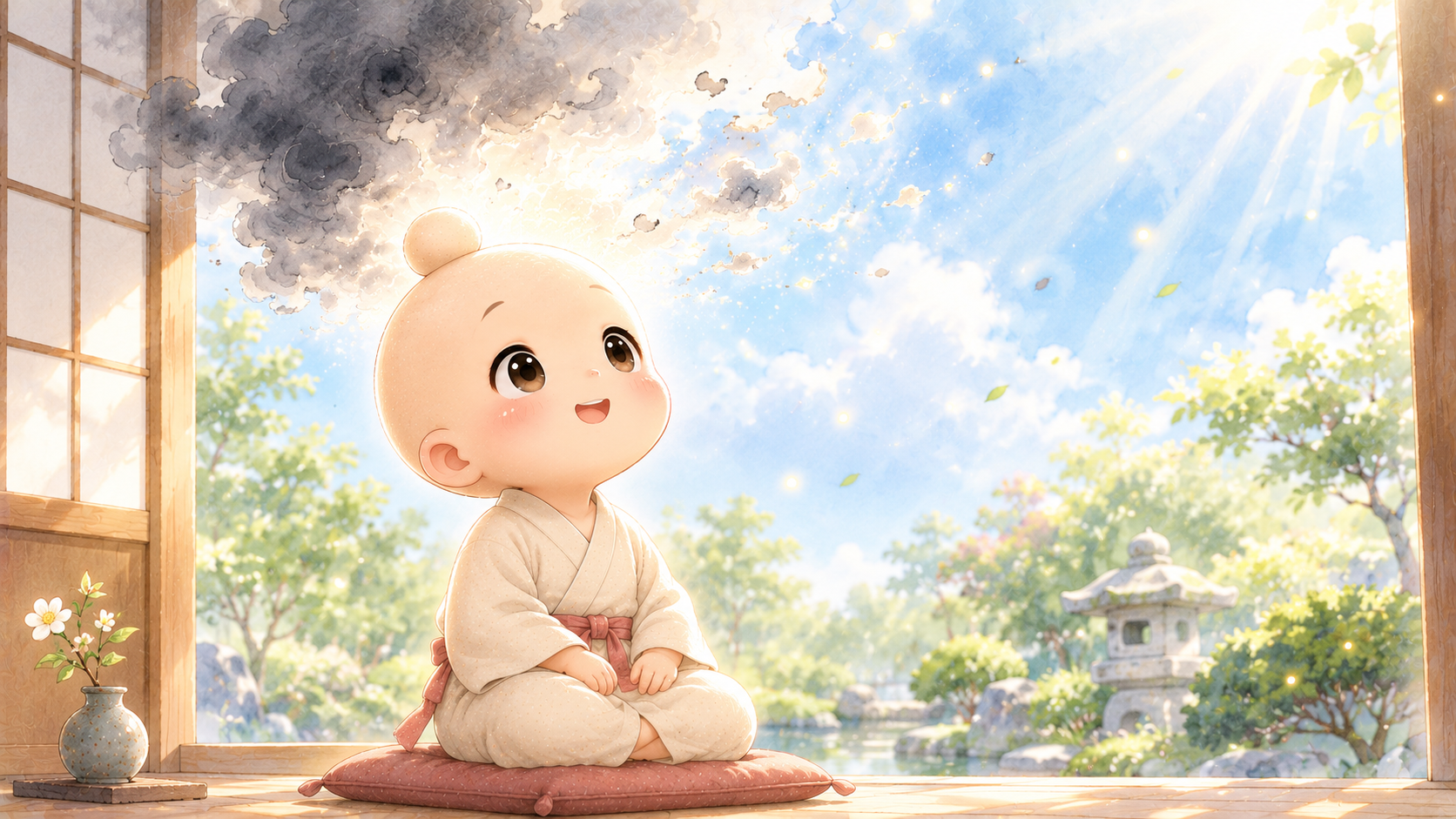 頭上の黒い雲が晴れて青空が広がるのを見上げる禅ちゃん