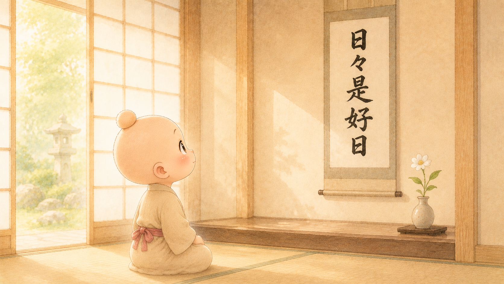 「日々是好日」の掛け軸を見上げる禅ちゃん