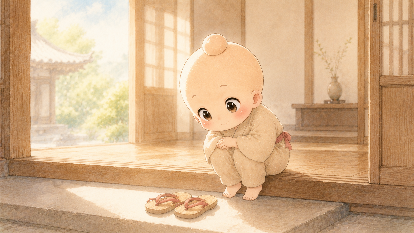 そろえて脱いだ草履をのぞき込む禅ちゃん（看脚下）