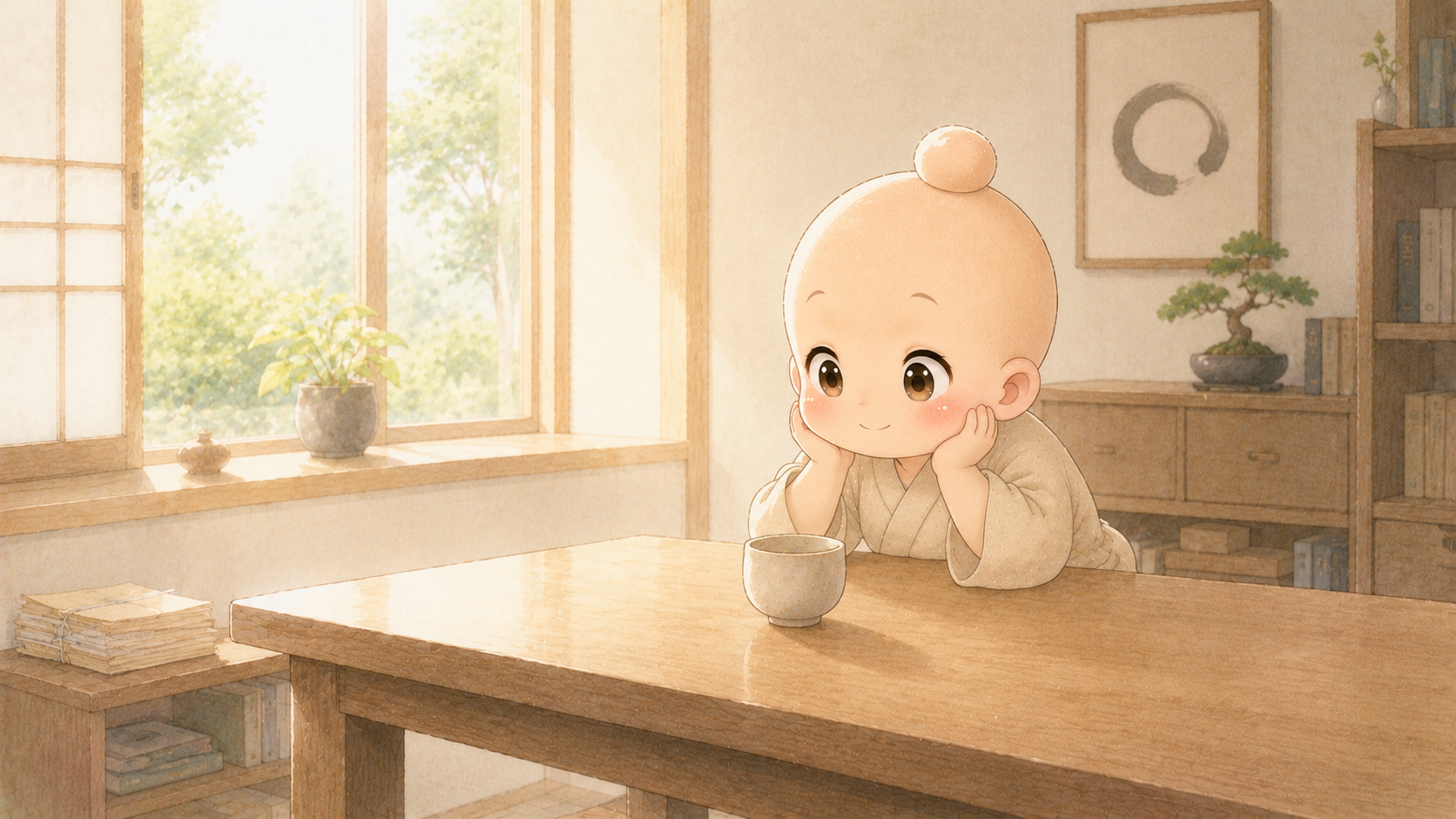 片づいた机に湯呑みをひとつだけ残した禅ちゃん