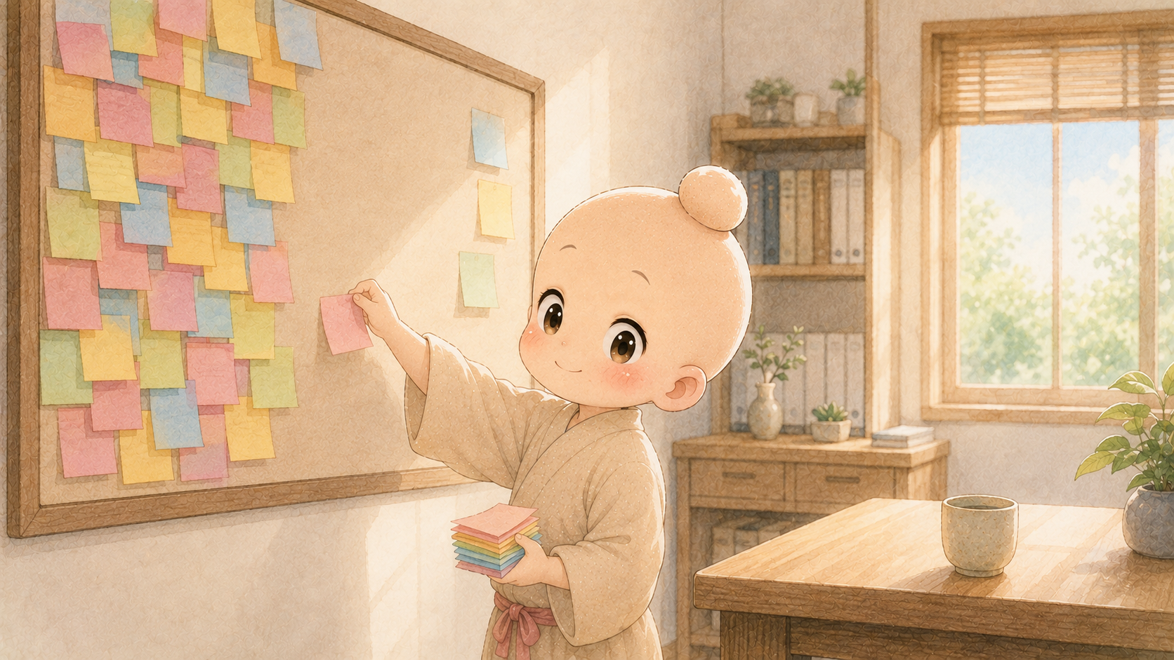 ボードの付箋をはがして減らす禅ちゃん
