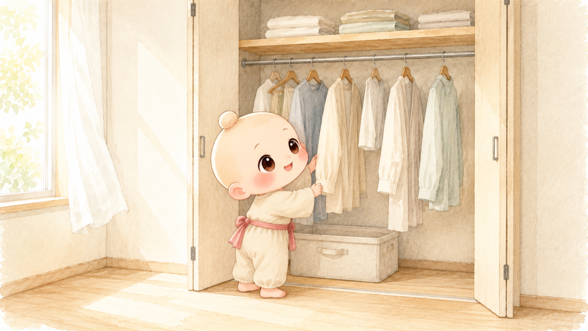 すき間を空けて収納したクローゼットの前でにっこりする禅ちゃん