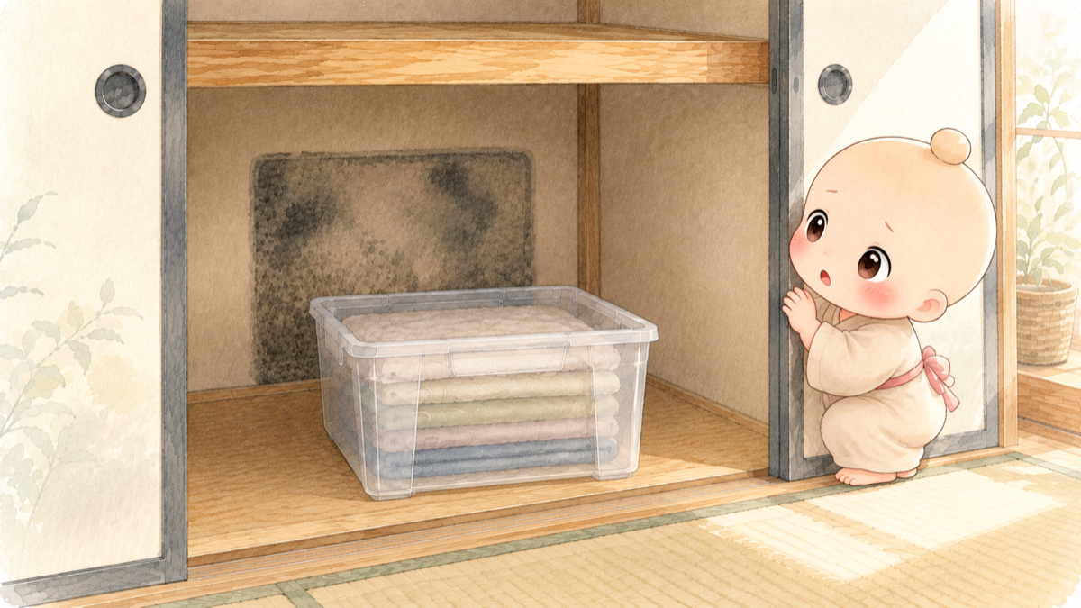押入れの奥の壁に四角いカビを見つけておどろく禅ちゃん