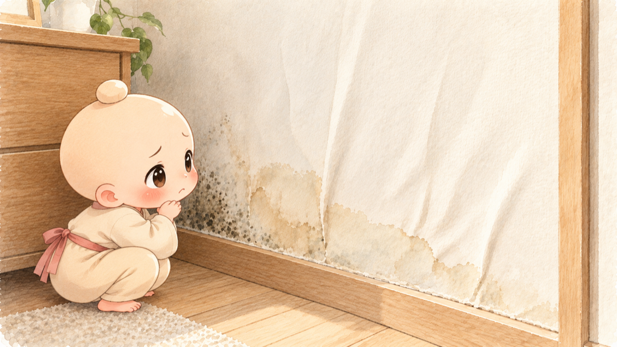 結露で波打ったクロスとカビを見て困った顔の禅ちゃん