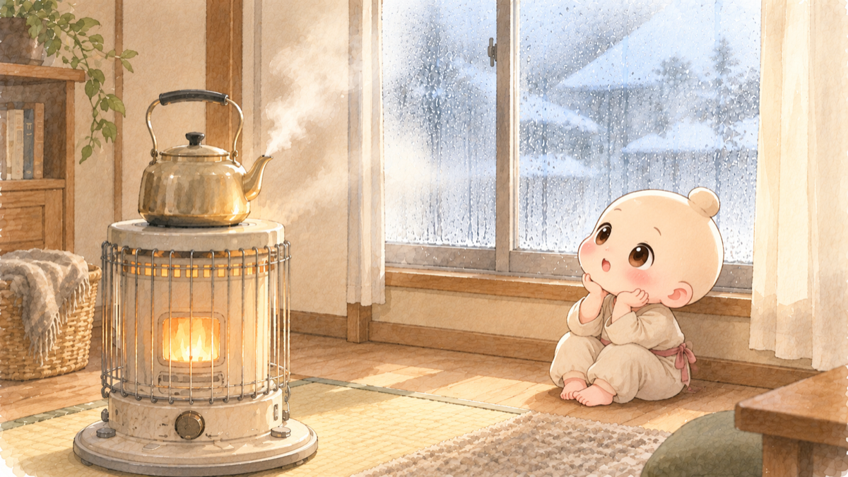 ストーブのやかんの湯気でくもった窓を見上げる禅ちゃん