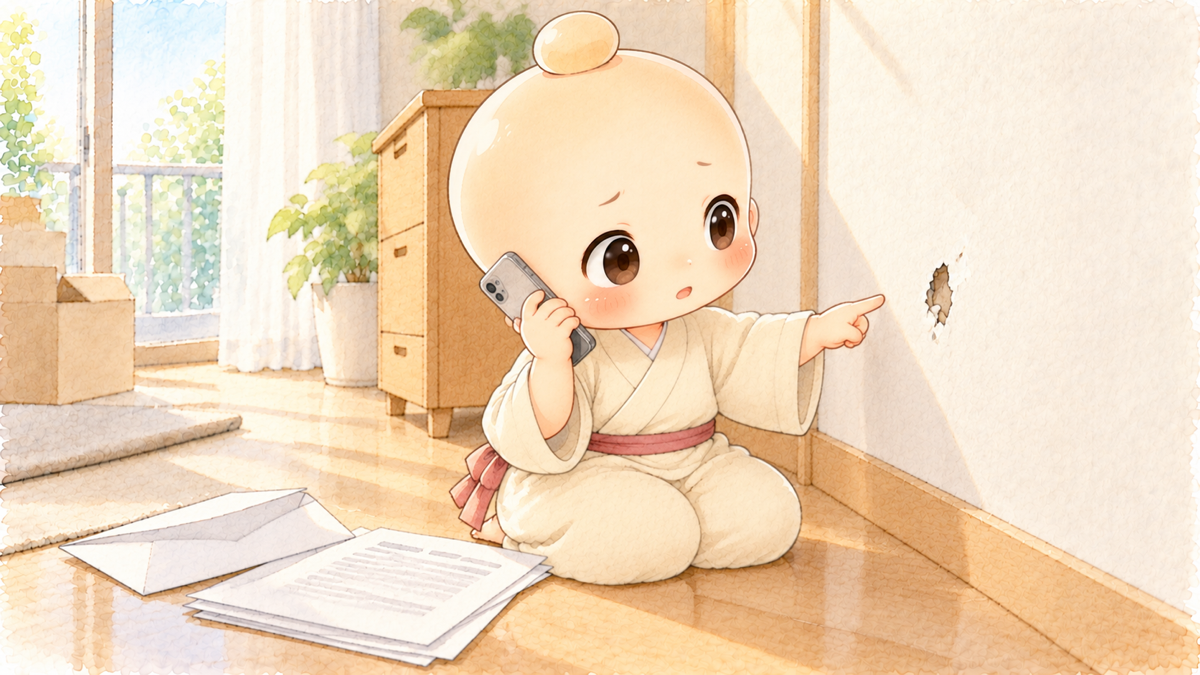 壁の穴を指さしながら電話する禅ちゃん