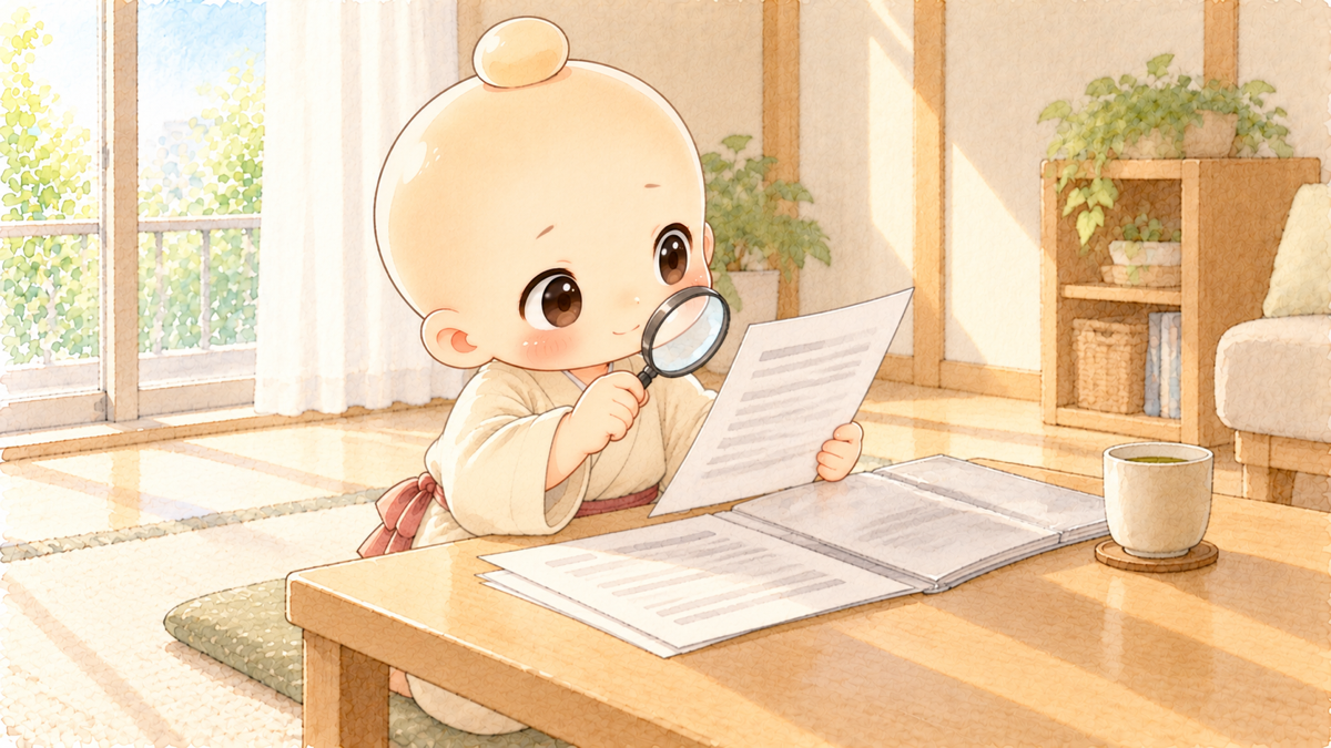 保険の書類を虫眼鏡で読む禅ちゃん