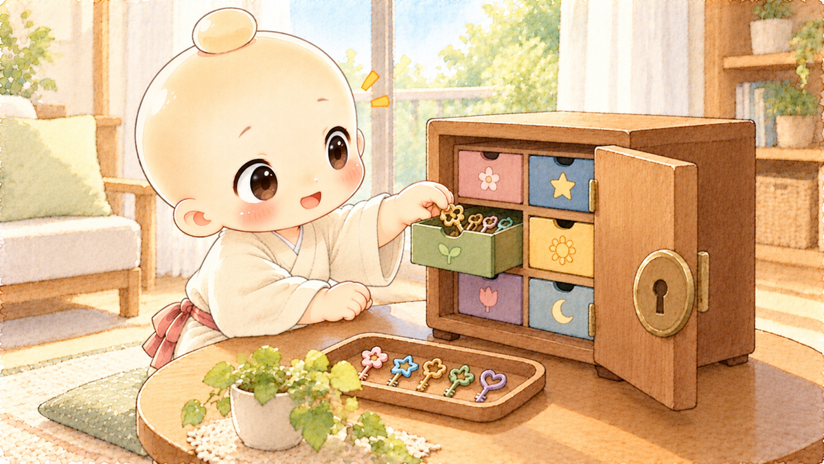 家族用の金庫の引き出しに鍵をしまう禅ちゃん