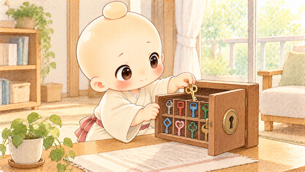 色と形のちがう鍵を金庫にしまう禅ちゃん