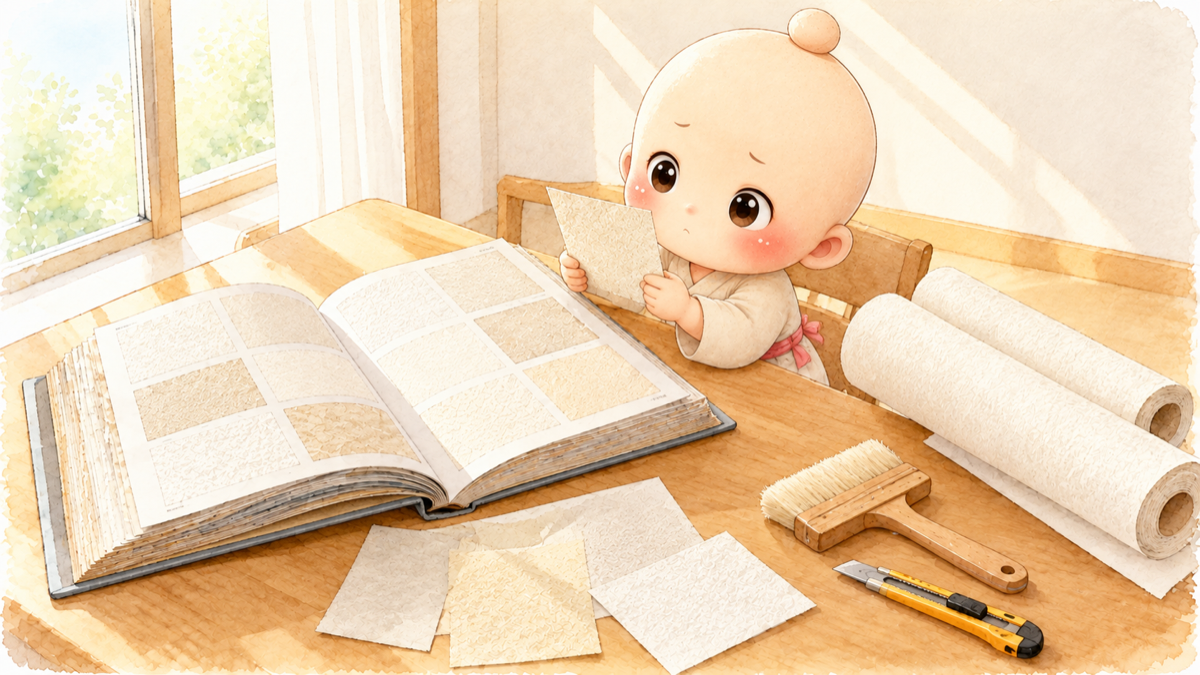 壁紙の見本帳のサンプルを見比べる禅ちゃん