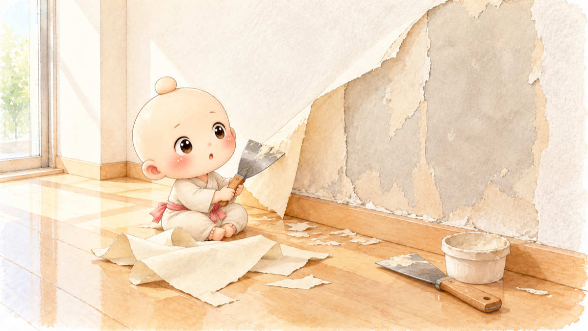めくれたクロスの下の傷んだ下地を見ておどろく禅ちゃん