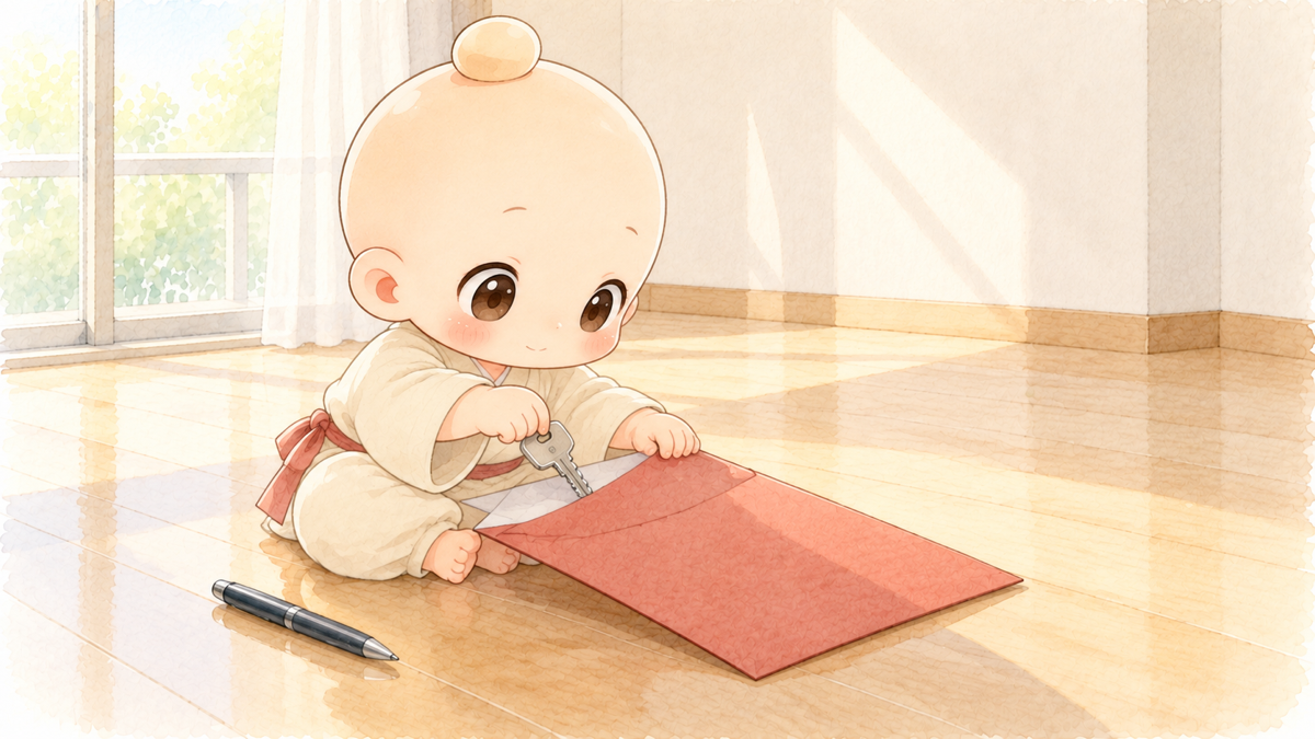 赤い封筒に部屋の鍵を入れる禅ちゃん
