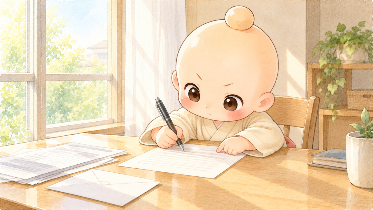 机に向かって真剣な顔で手紙を書く禅ちゃん