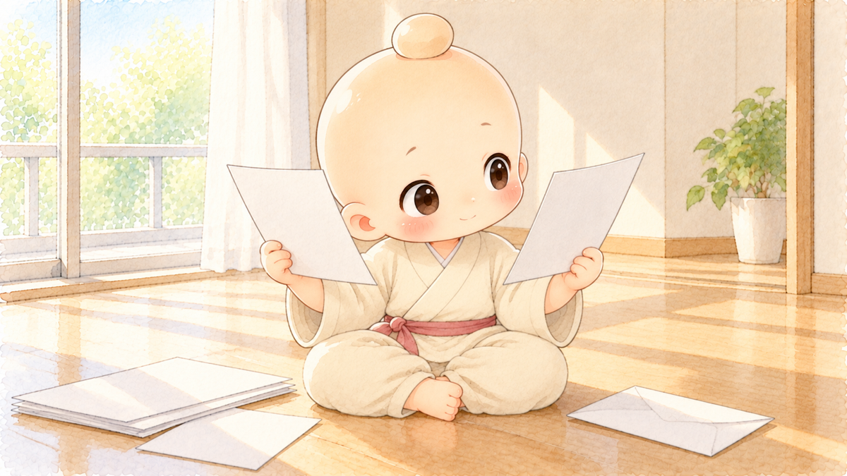 2枚の紙を見比べて、どちらにするか考える禅ちゃん